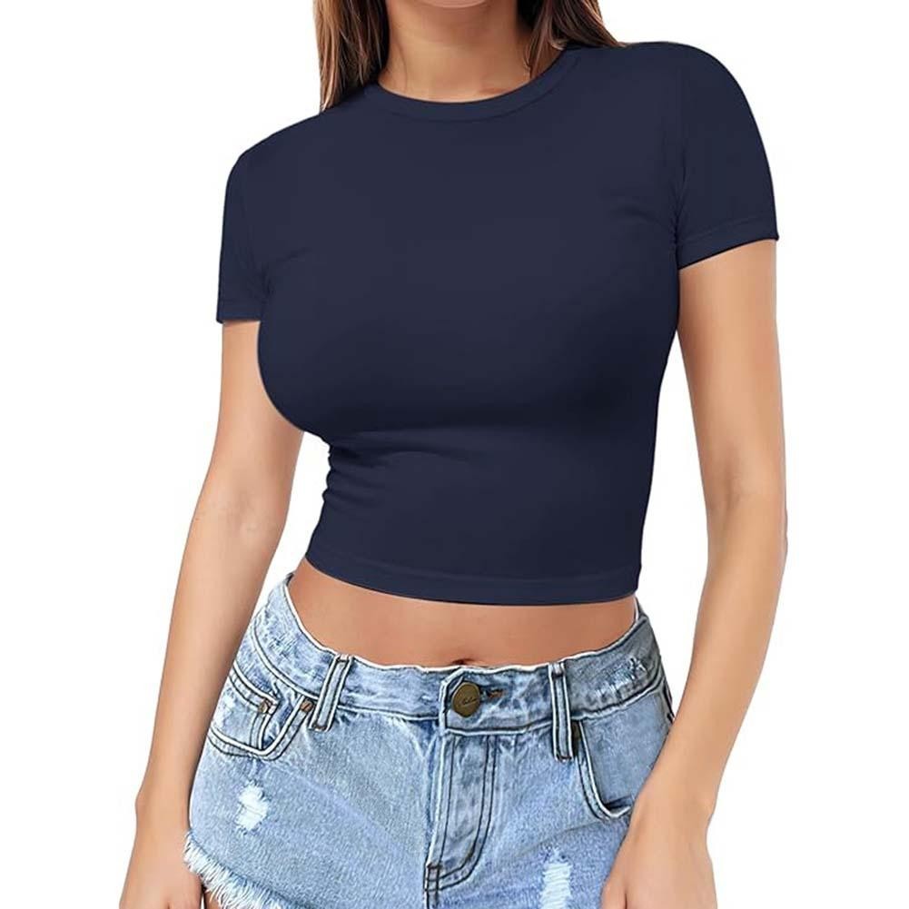 Flattering Womens Solid Color Crop Top Short Sleeve for Summer Outfits - Picture 14 of 16