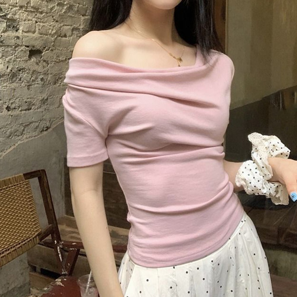 Women Summer Off Shoulder Pleated Short Sleeve T Shirt for Casual Wear - Picture 15 of 36