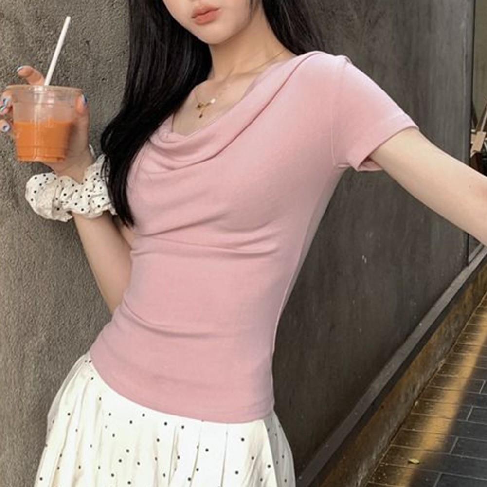Women Summer Off Shoulder Pleated Short Sleeve T Shirt for Casual Wear - Picture 18 of 36