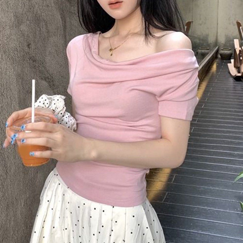 Women Summer Off Shoulder Pleated Short Sleeve T Shirt for Casual Wear - Picture 16 of 36