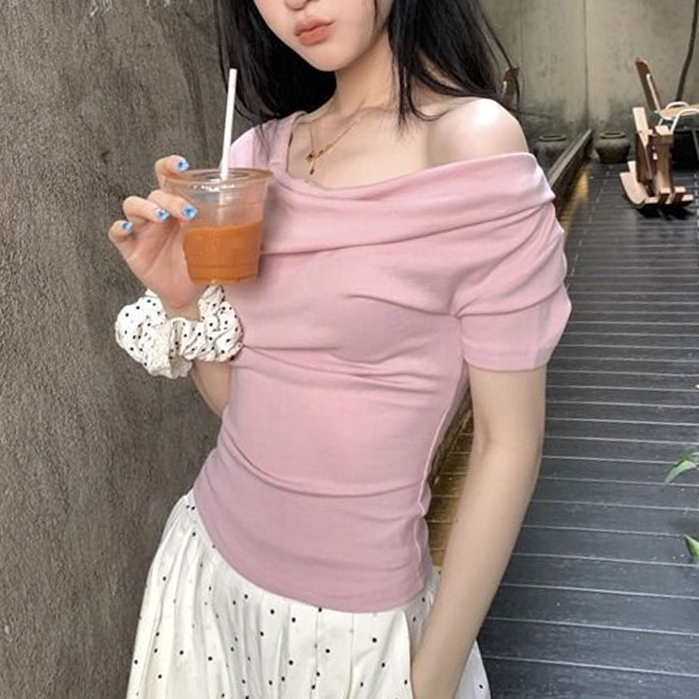 Women Summer Off Shoulder Pleated Short Sleeve T Shirt for Casual Wear - Picture 14 of 36