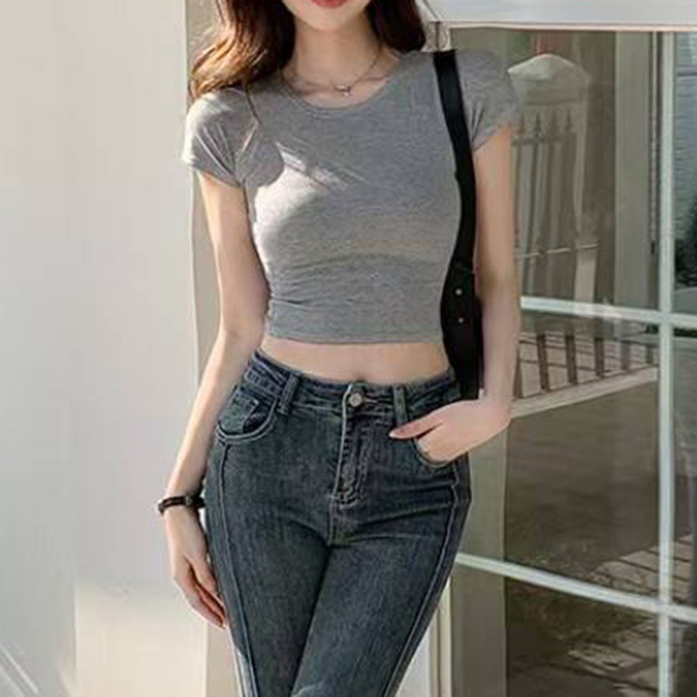 Chic Summer Solid Slim Fit Short Sleeve TShirt for Women Crop Top Fashion - Picture 16 of 28