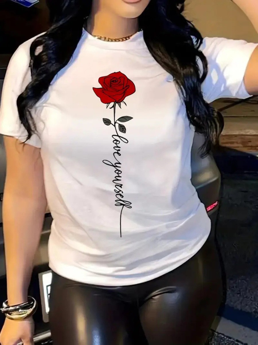 Stylish Women's T Shirt with Rose Print for Daily Wear and Casual Gatherings - Picture 15 of 21