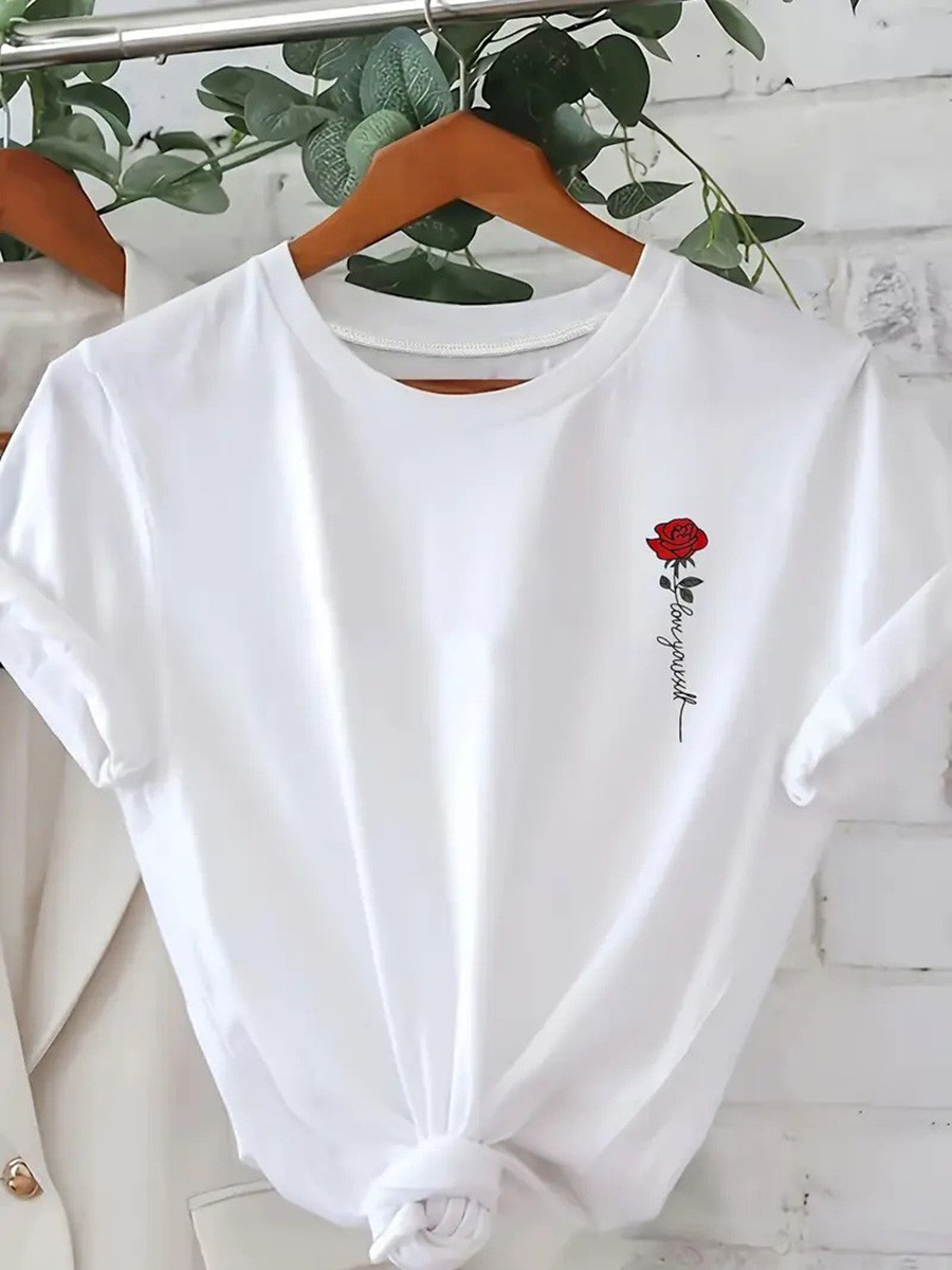 Stylish Women's T Shirt with Rose Print for Daily Wear and Casual Gatherings - Picture 17 of 21