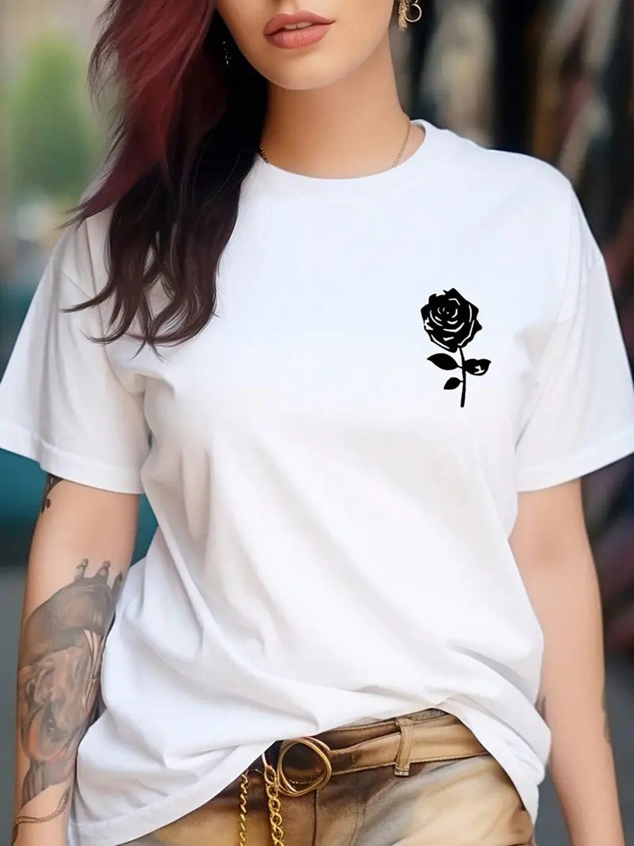 Stylish Women's T Shirt with Rose Print for Daily Wear and Casual Gatherings - Picture 11 of 21