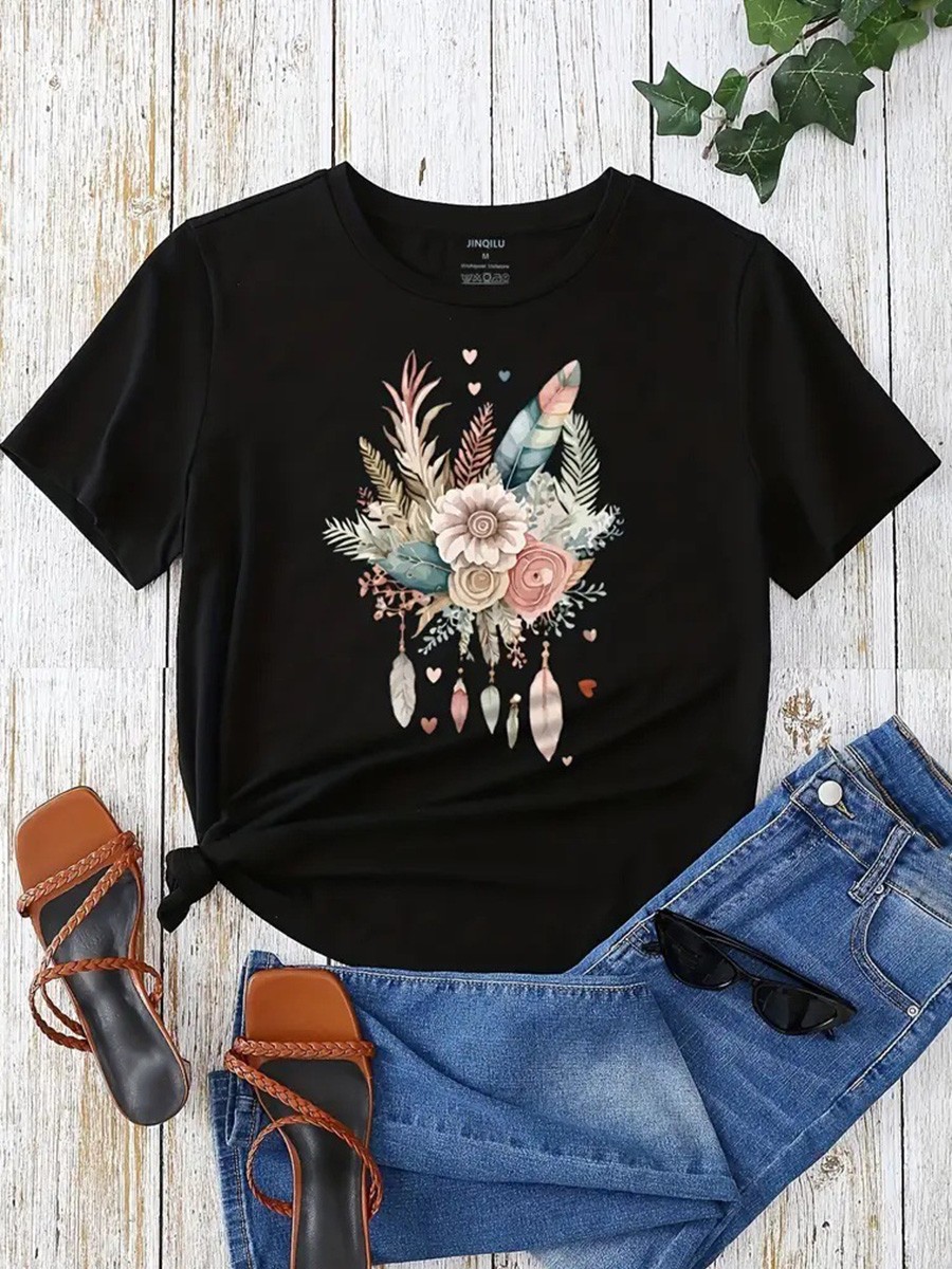 Floral Print Round Neck T Shirt for Women Perfect for Casual Occasions - Picture 39 of 41