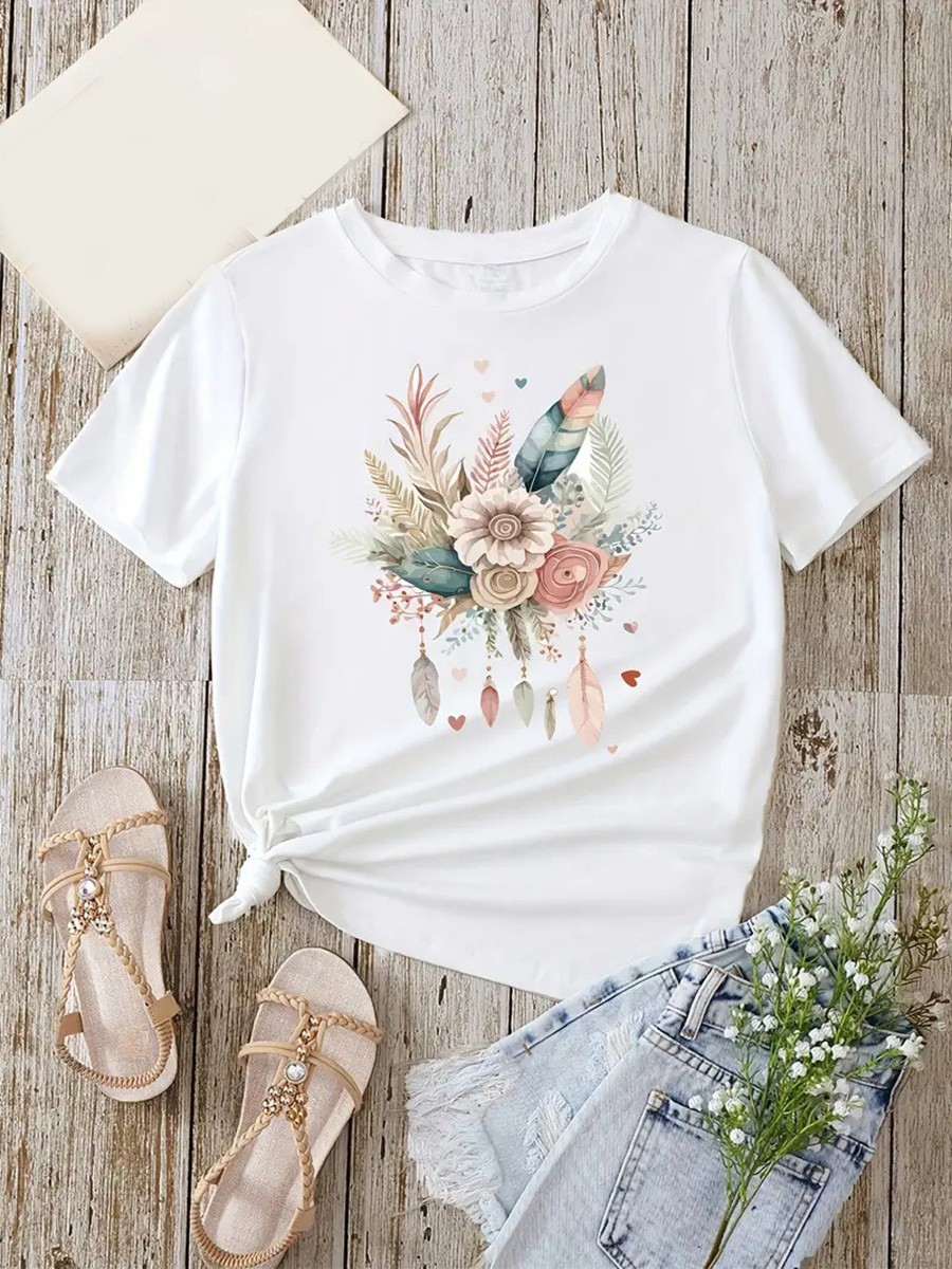 Floral Print Round Neck T Shirt for Women Perfect for Casual Occasions - Picture 36 of 41