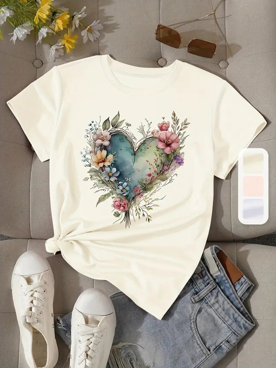 Floral Print Round Neck T Shirt for Women Perfect for Casual Occasions - Picture 30 of 41