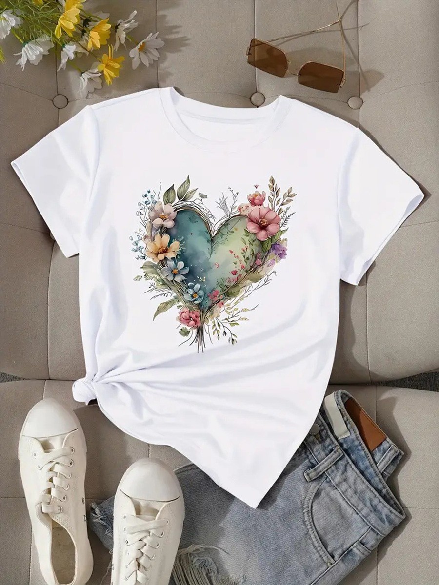 Floral Print Round Neck T Shirt for Women Perfect for Casual Occasions - Picture 22 of 41