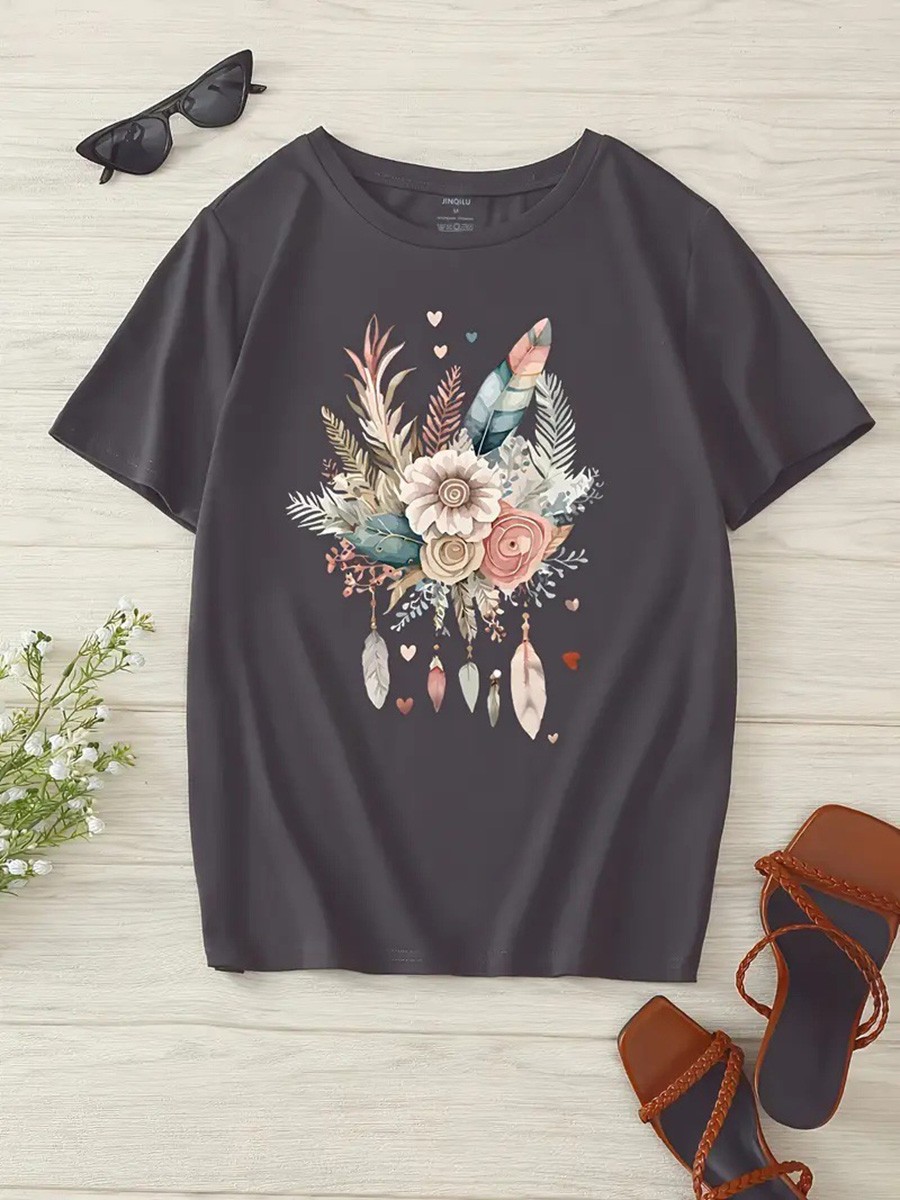 Floral Print Round Neck T Shirt for Women Perfect for Casual Occasions - Picture 41 of 41