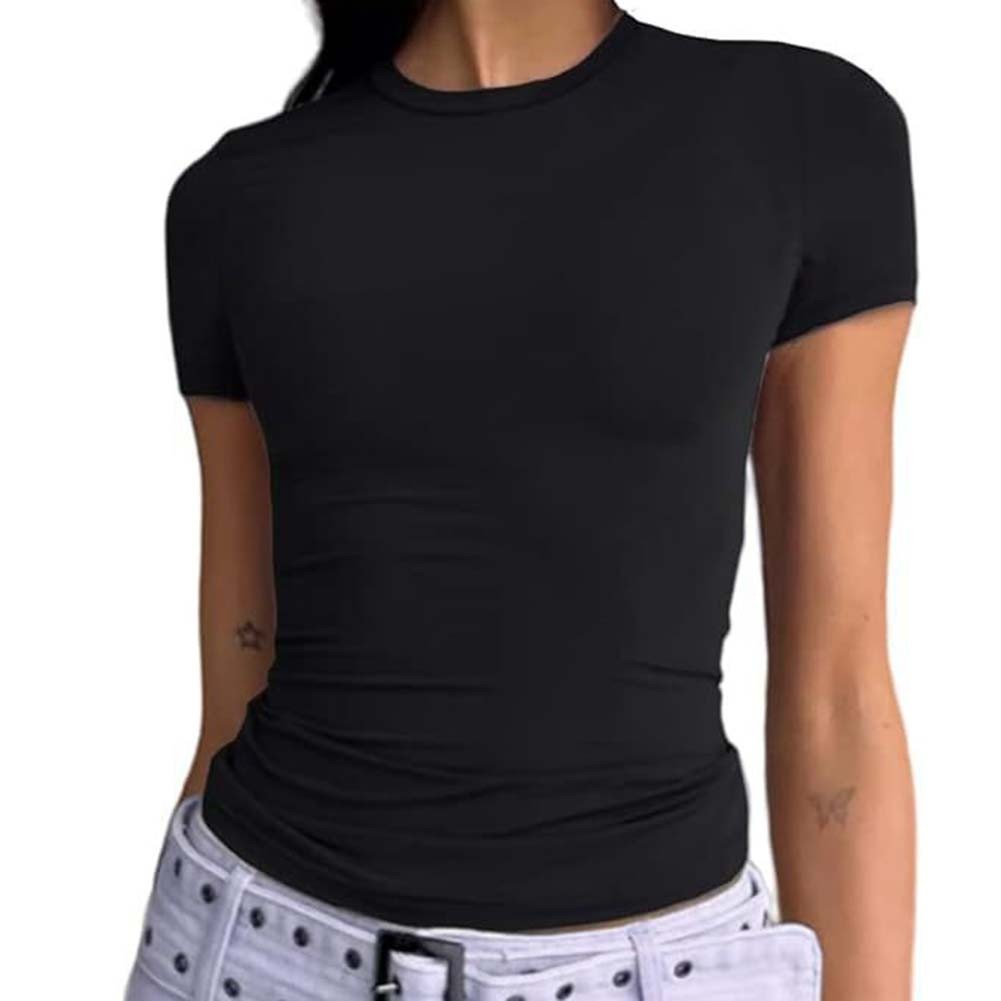 Trendiges Kurzarm Rundhals Shirt für Damen Einfarbig Freizeit Style - Bild 46 von 95