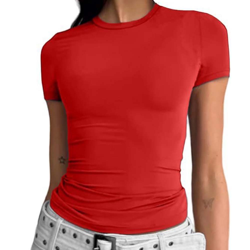 Trendiges Kurzarm Rundhals Shirt für Damen Einfarbig Freizeit Style - Bild 45 von 95