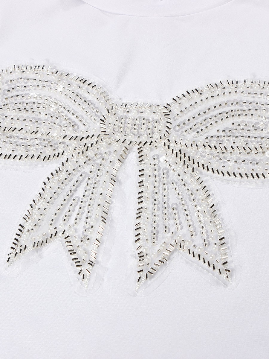 Glitter Bow Tee Elastic Fit Tee Applicable For Female Body-Hugging Fit - Picture 17 of 72