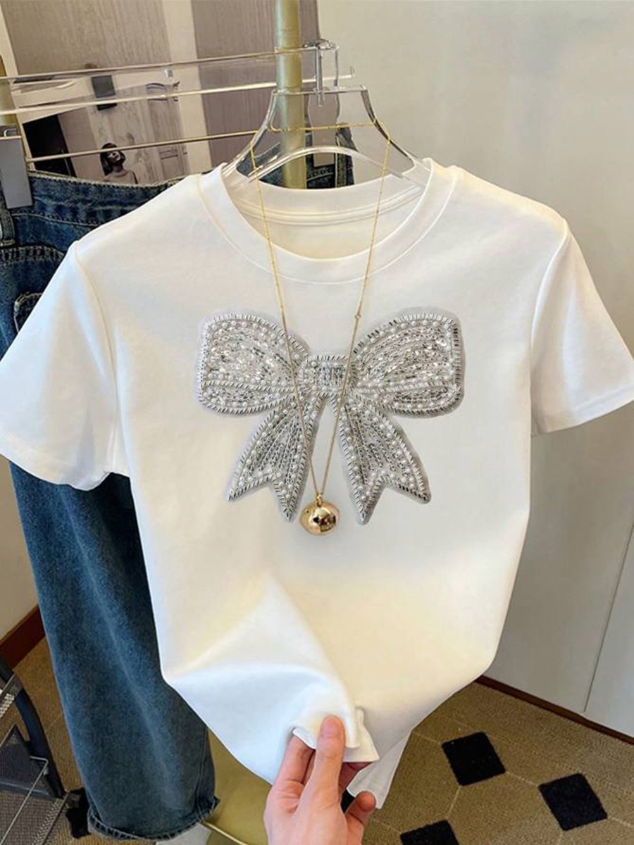 Glitter Bow Tee Elastic Fit Tee Applicable For Female Body-Hugging Fit - Picture 19 of 72