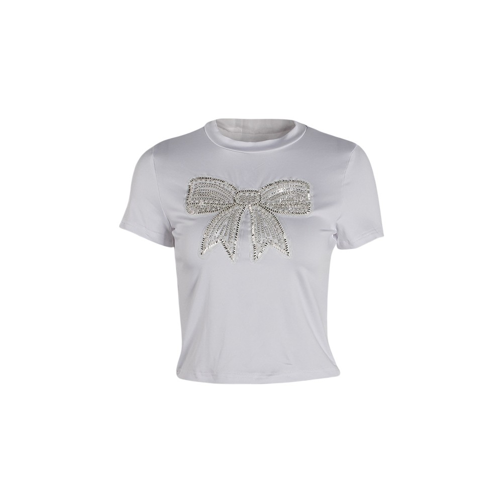 Glitter Bow Tee Elastic Fit Tee Applicable For Female Body-Hugging Fit - Picture 23 of 72