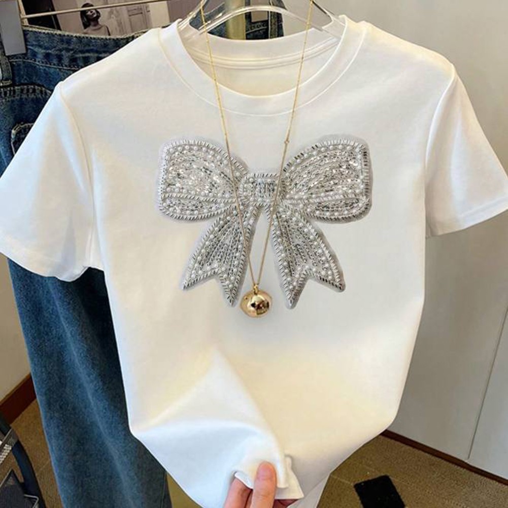 Glitter Bow Tee Elastic Fit Tee Applicable For Female Body-Hugging Fit - Picture 24 of 72