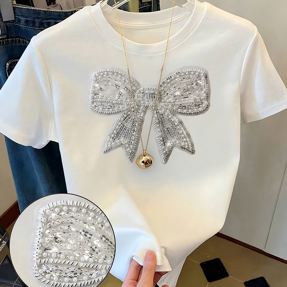 Glitter Bow Tee Elastic Fit Tee Applicable For Female Body-Hugging Fit - Picture 13 of 72