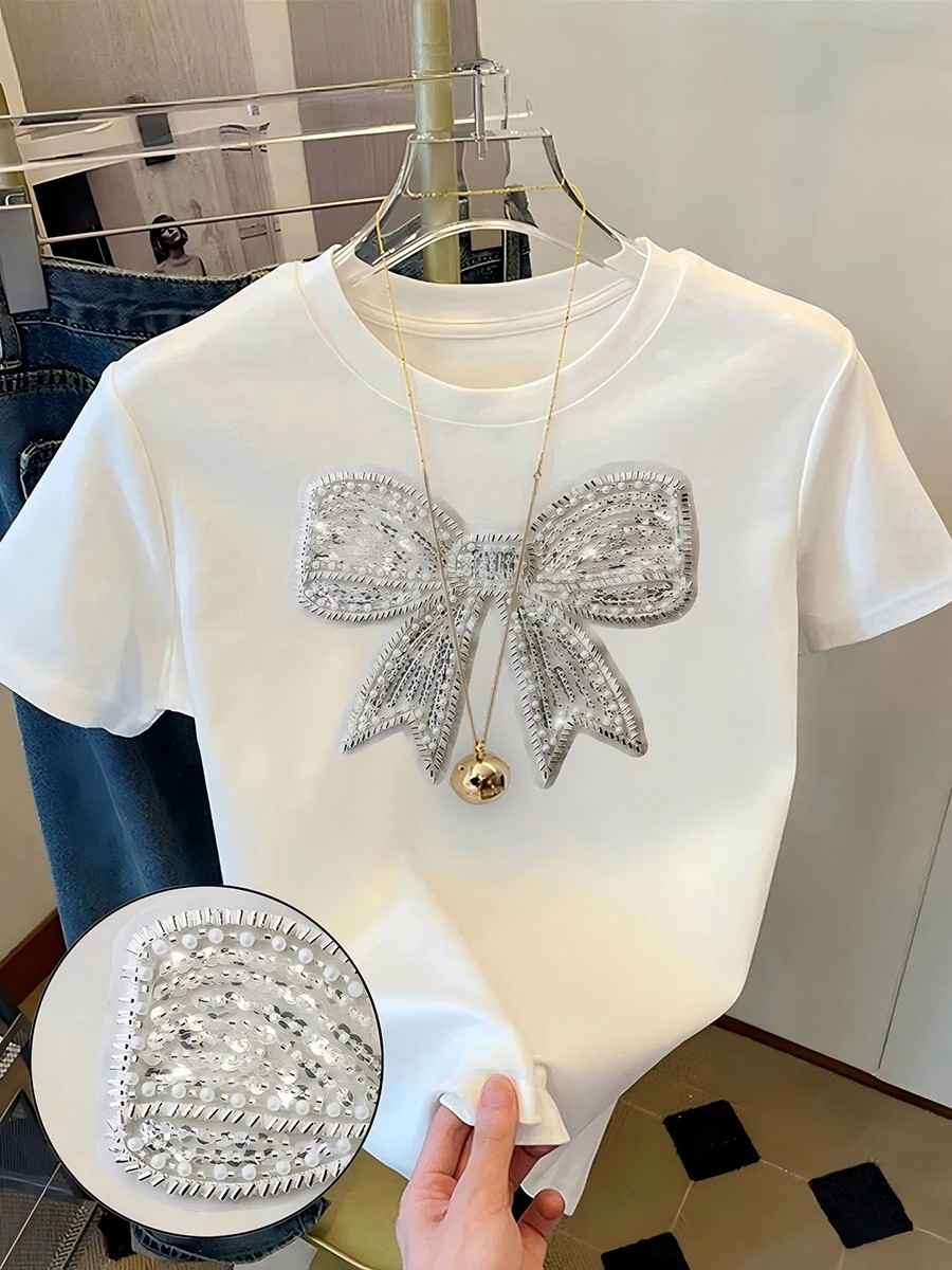 Glitter Bow Tee Elastic Fit Tee Applicable For Female Body-Hugging Fit - Picture 14 of 72