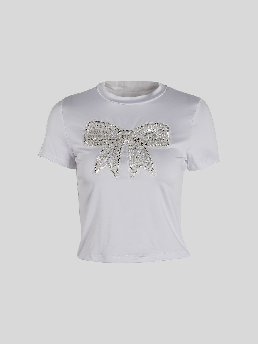 Glitter Bow Tee Elastic Fit Tee Applicable For Female Body-Hugging Fit - Picture 18 of 72