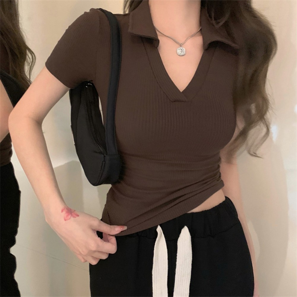 Chic Women Slim Fit Short Sleeve TShirt Lapel Design Crop Top for Outing - Picture 15 of 36