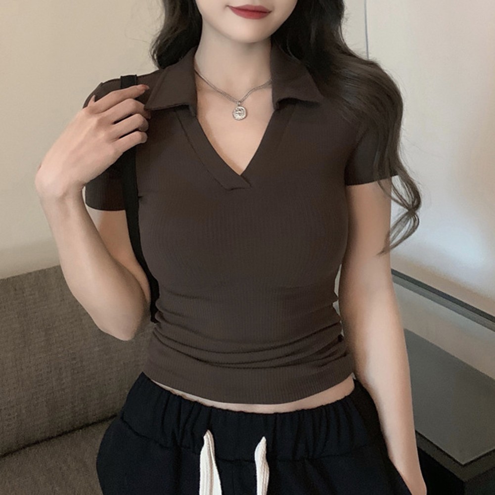 Chic Women Slim Fit Short Sleeve TShirt Lapel Design Crop Top for Outing - Picture 16 of 36