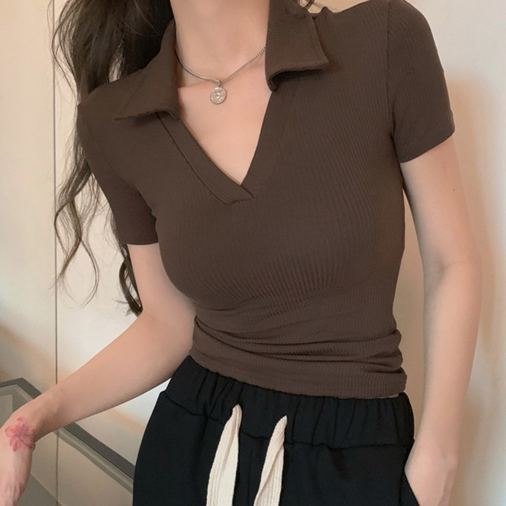 Chic Women Slim Fit Short Sleeve TShirt Lapel Design Crop Top for Outing - Picture 17 of 36