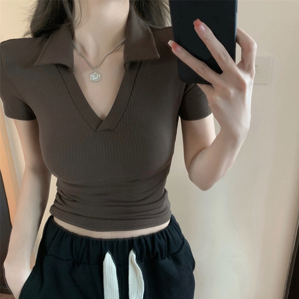 Chic Women Slim Fit Short Sleeve TShirt Lapel Design Crop Top for Outing - Picture 18 of 36