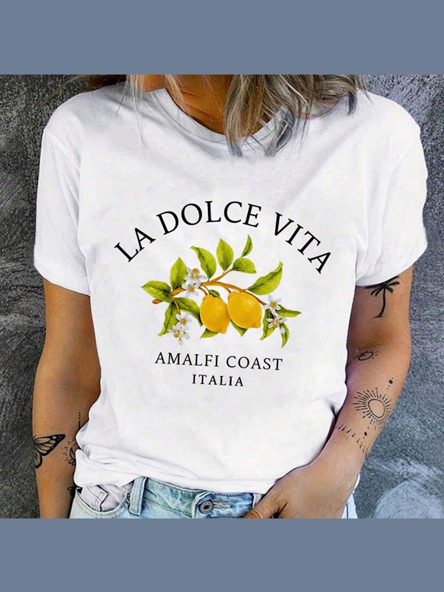 Casual Women's T Shirt with Floral Fruit Print Round Neck Short Sleeves - Picture 16 of 36