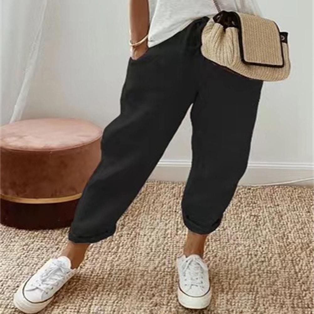 Elegantes pantalones de algodón y lino para mujer con cintura elástica para conjuntos informales