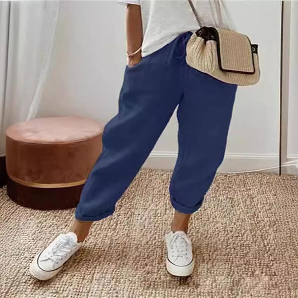 Elegantes pantalones de algodón y lino para mujer con cintura elástica para conjuntos informales