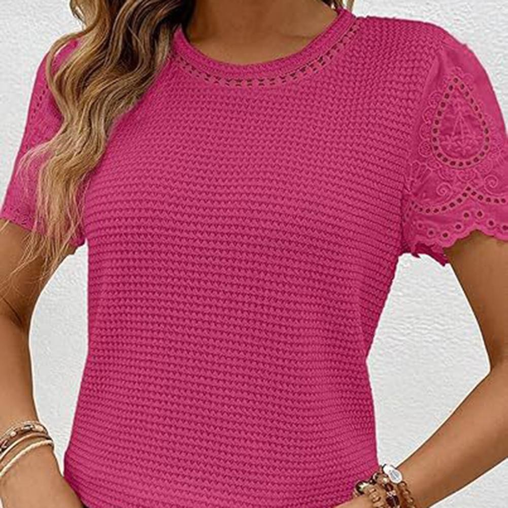 Casual Womens Solid Color Lace Round Neck Top for Daily and Vacation Wear - Picture 9 of 9