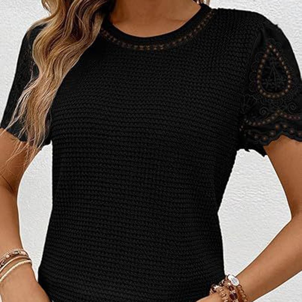 Casual Womens Solid Color Lace Round Neck Top for Daily and Vacation Wear - Picture 6 of 9