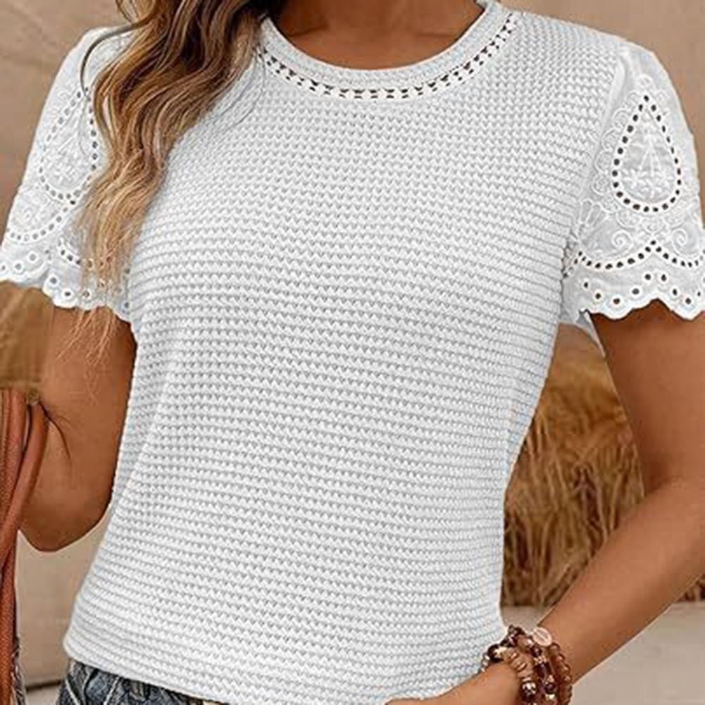 Casual Womens Solid Color Lace Round Neck Top for Daily and Vacation Wear - Picture 5 of 9