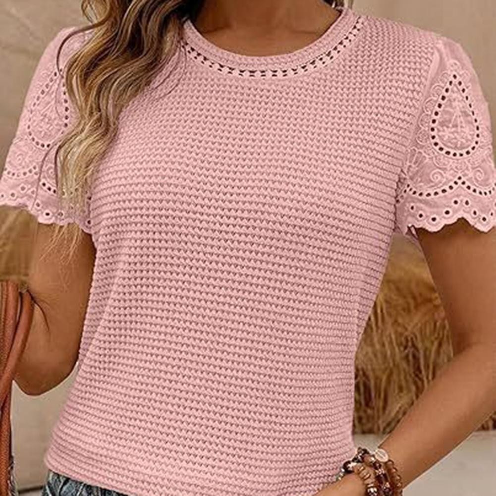 Casual Womens Solid Color Lace Round Neck Top for Daily and Vacation Wear - Picture 8 of 9