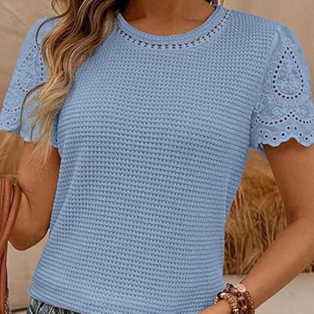 Casual Womens Solid Color Lace Round Neck Top for Daily and Vacation Wear - Picture 7 of 9