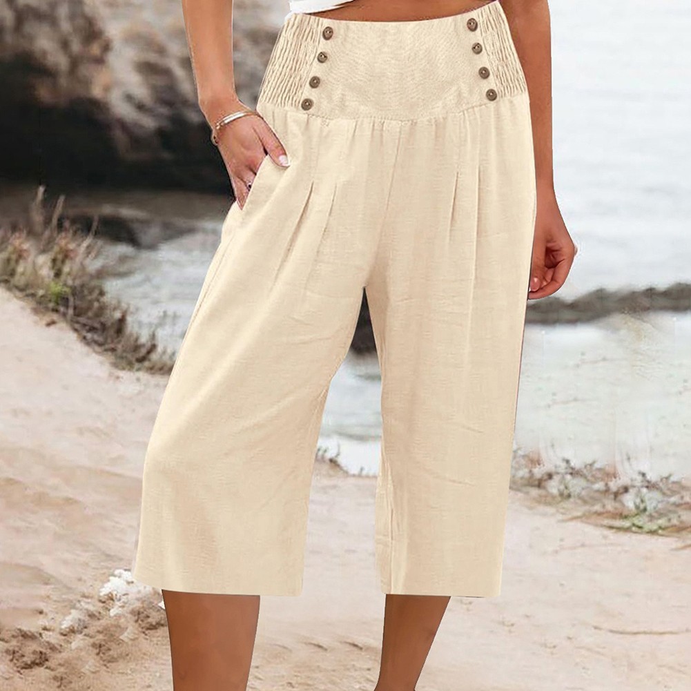 Cropped Pants with Pocket and Button for Women in Soft Cotton and Linen Fabric