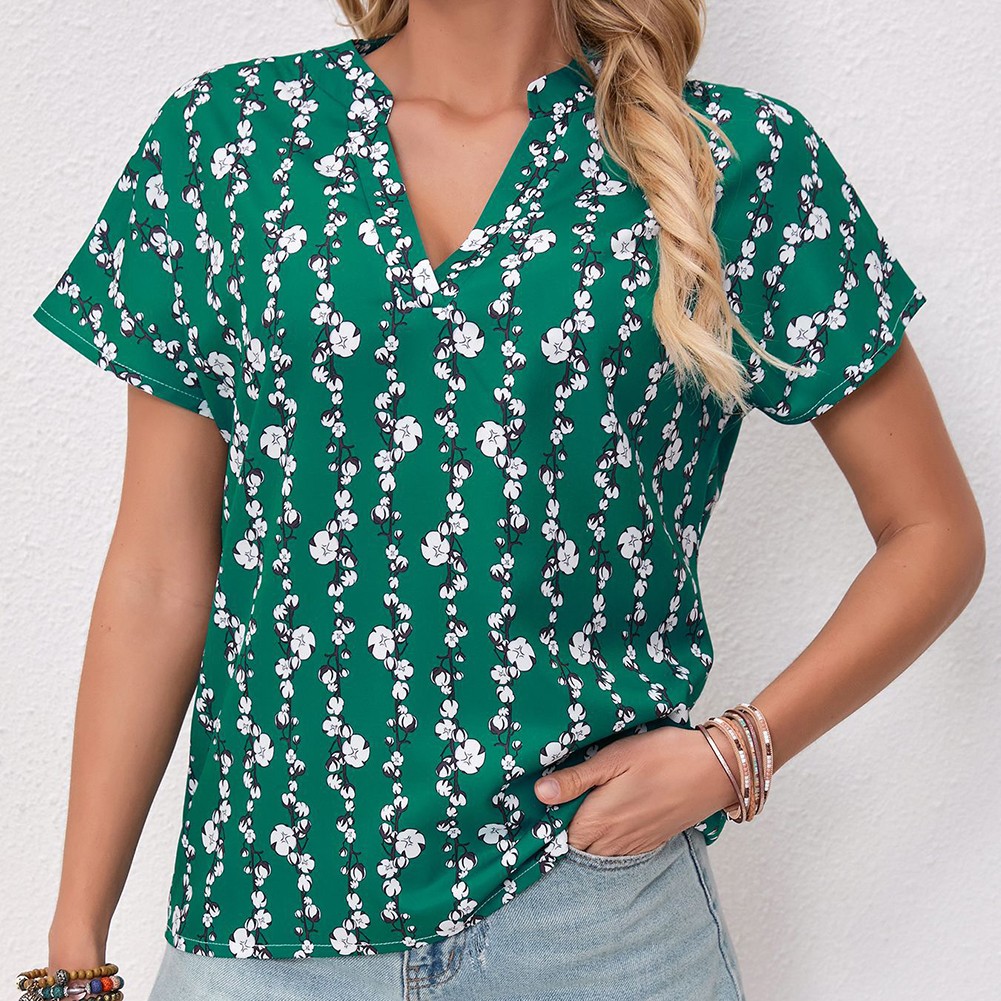 Stylish Green T Shirt for Women Short Sleeves Floral and Striped Casual Design - Picture 24 of 72