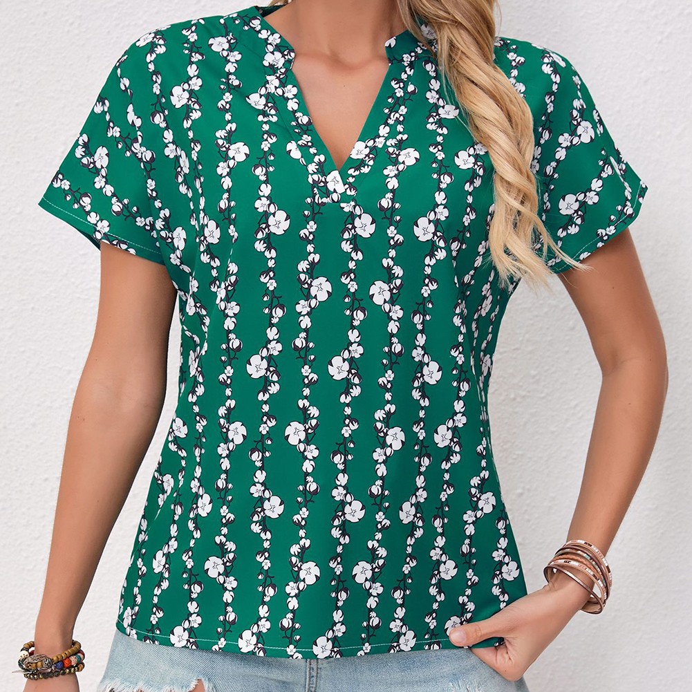 Stylish Green T Shirt for Women Short Sleeves Floral and Striped Casual Design - Picture 20 of 72