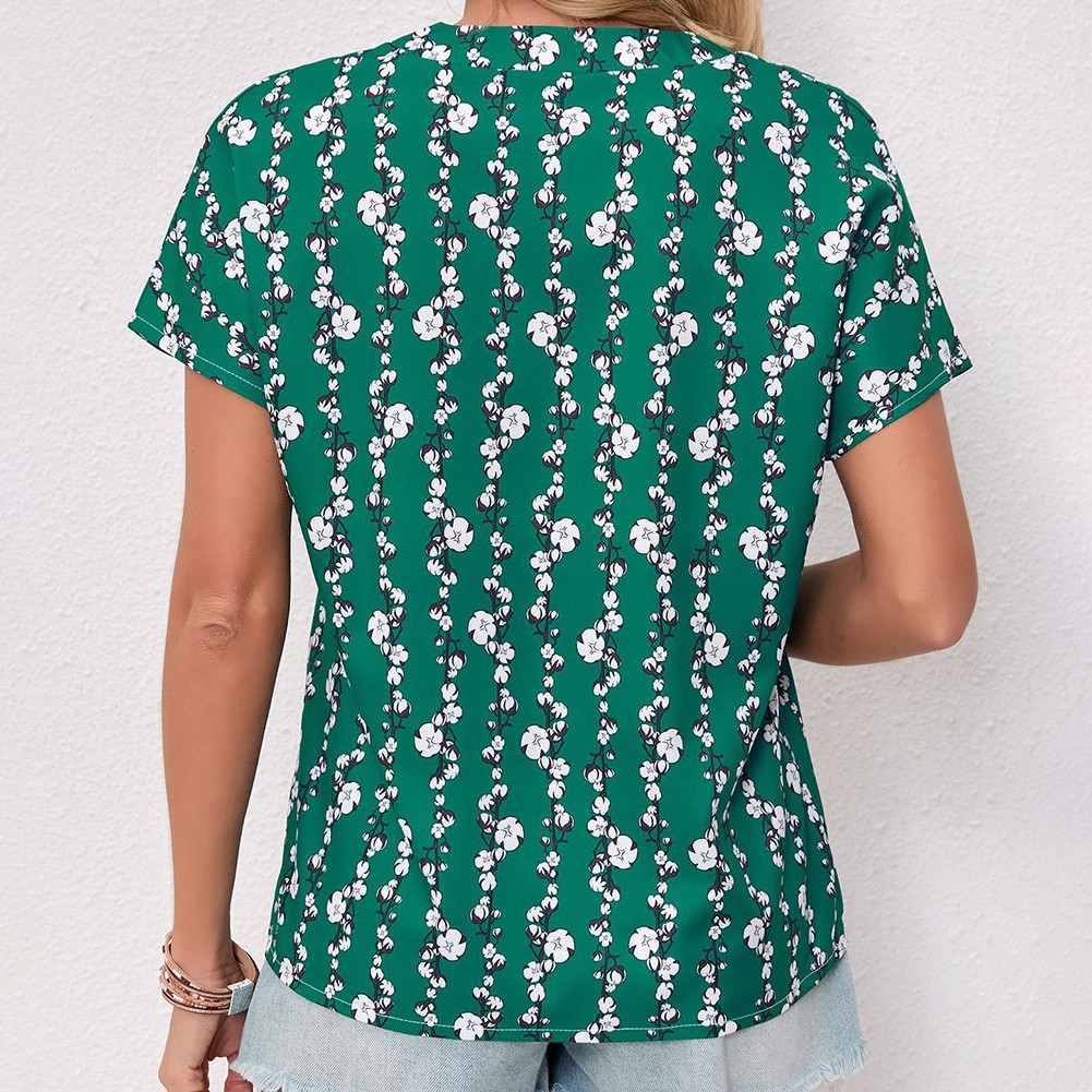 Stylish Green T Shirt for Women Short Sleeves Floral and Striped Casual Design - Picture 21 of 72