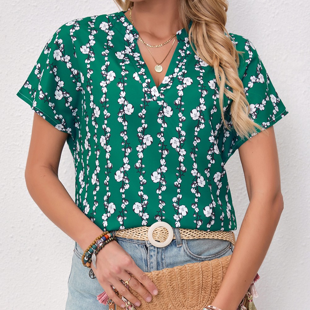 Stylish Green T Shirt for Women Short Sleeves Floral and Striped Casual Design - Picture 14 of 72