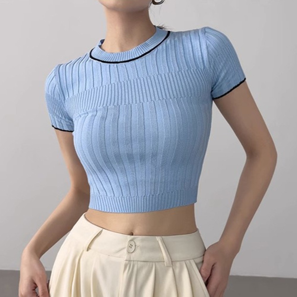 Trendy Women's Summer Knit Crop Top with Short Sleeves in Solid Colors - Picture 13 of 17