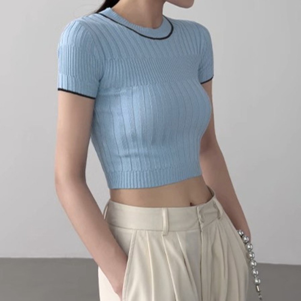 Trendy Women's Summer Knit Crop Top with Short Sleeves in Solid Colors - Picture 17 of 17