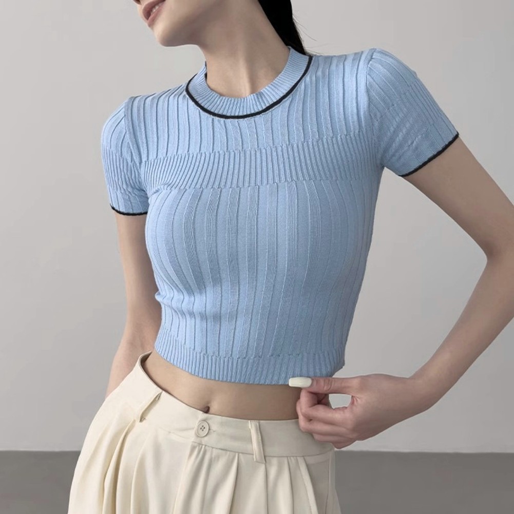 Trendy Women's Summer Knit Crop Top with Short Sleeves in Solid Colors - Picture 15 of 17