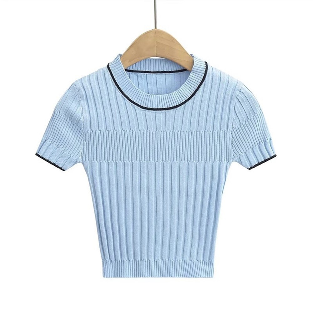 Trendy Women's Summer Knit Crop Top with Short Sleeves in Solid Colors - Picture 16 of 17