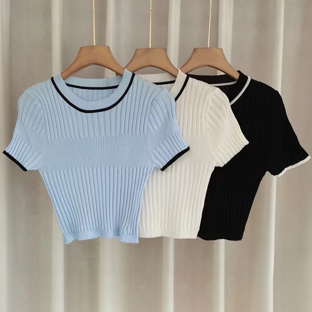 Trendy Women's Summer Knit Crop Top with Short Sleeves in Solid Colors - Picture 14 of 17