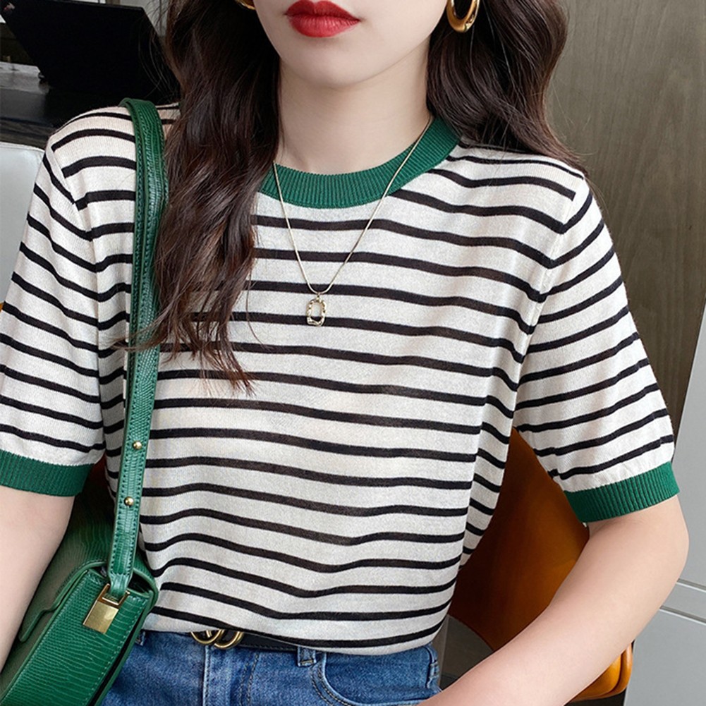 Women Summer Striped Ice Silk Short Sleeve T Shirt Casual Fashion Tops - Picture 30 of 40