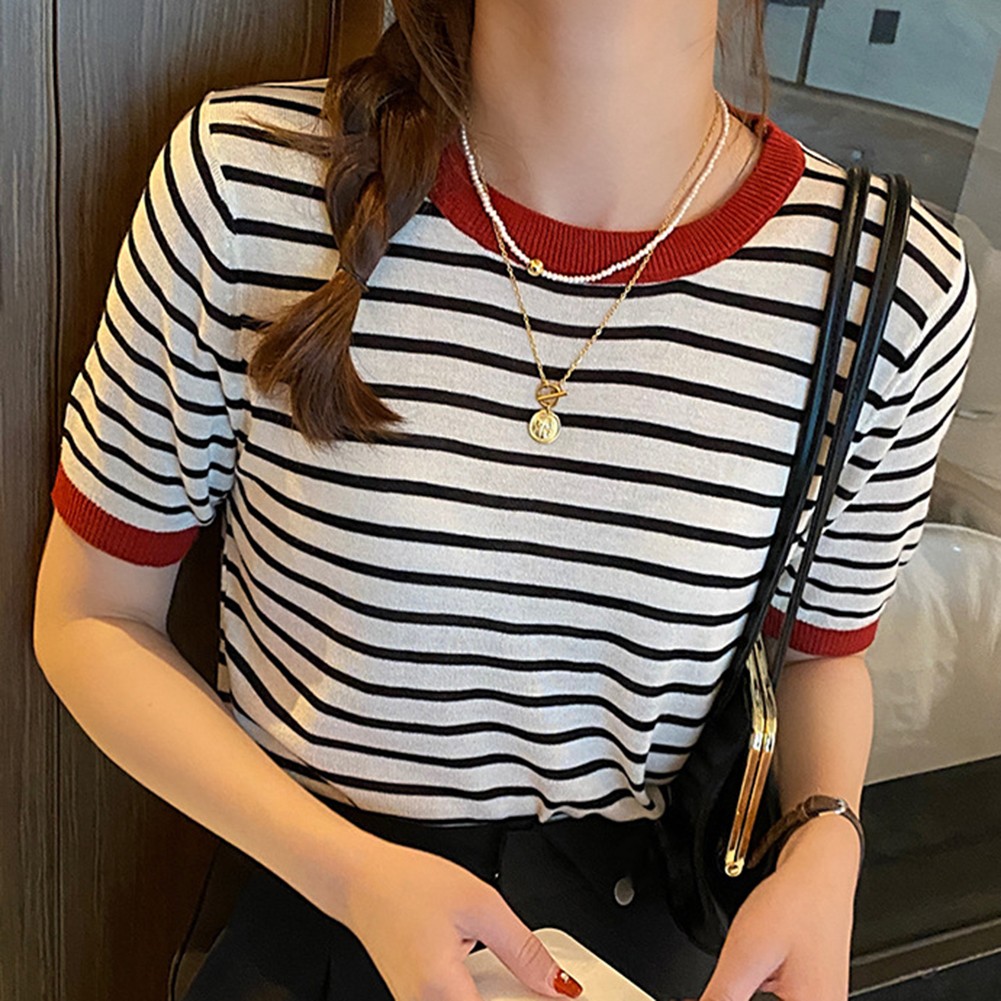 Women Summer Striped Ice Silk Short Sleeve T Shirt Casual Fashion Tops - Picture 21 of 40