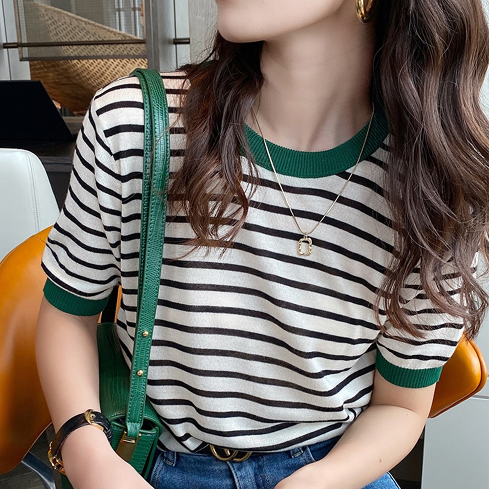 Women Summer Striped Ice Silk Short Sleeve T Shirt Casual Fashion Tops - Picture 29 of 40