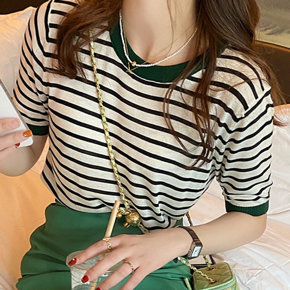 Women Summer Striped Ice Silk Short Sleeve T Shirt Casual Fashion Tops - Picture 31 of 40