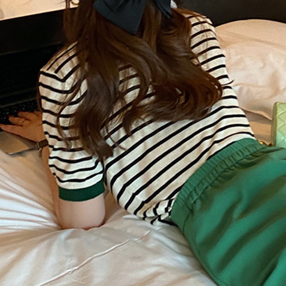 Women Summer Striped Ice Silk Short Sleeve T Shirt Casual Fashion Tops - Picture 33 of 40
